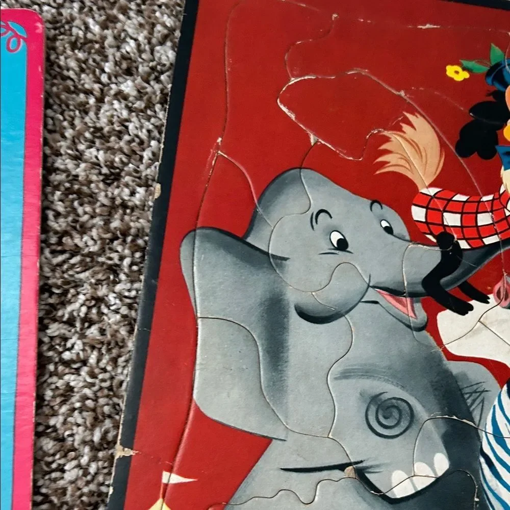 Vintage pre-k Floral & Animal Jigsaw Puzzle Lot - Bright Turquoise, Red, Pink